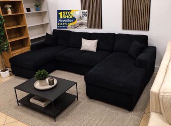 Black U shape sectional sofa corduroy