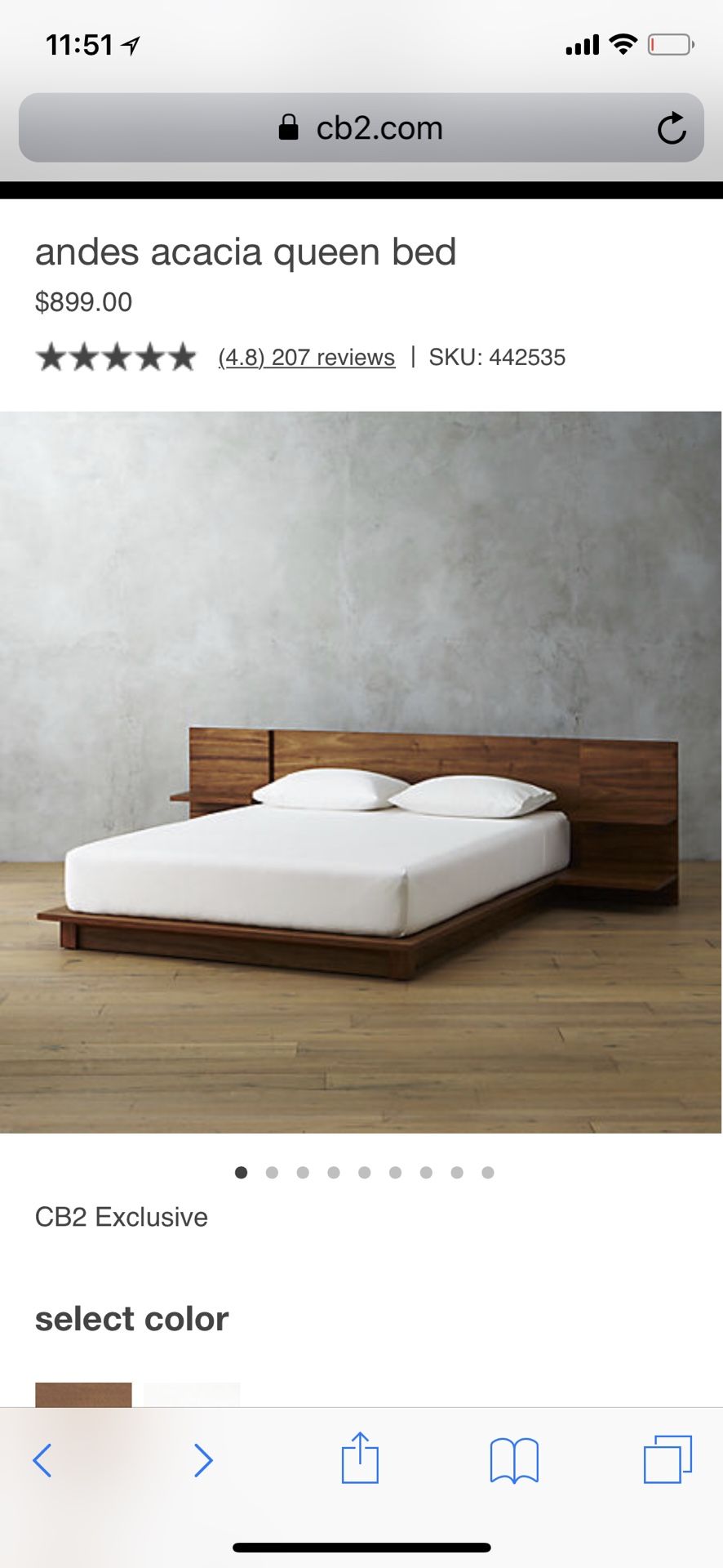 Used CB2 Andes acacia queen bed frame