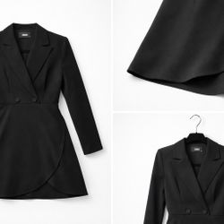 Black Blazer Mini Dress – Long Sleeve, Wrap Hem, Tailored Fit