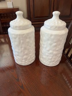Set of 2 White Ceramic Lidded Jars