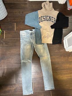 Purple jeans 33 / hoodie size large but can fit if ur a medium
