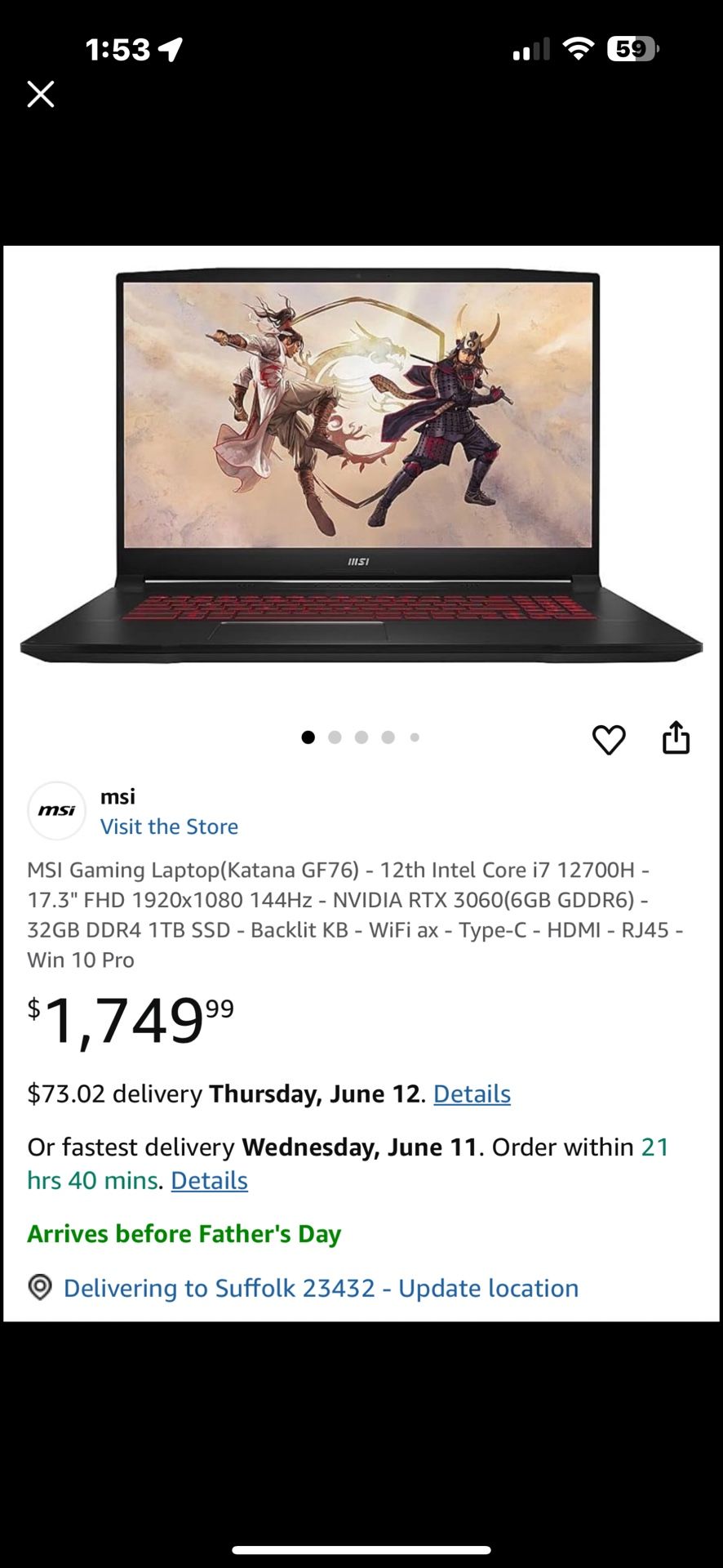 Very Fast MSI Katana GF76 17 Gaming Laptop I 17.3'' Full HD IPS 144Hz 12th Gen Intel 10-Core i7-12700H 32GB DDR4 1TB SSD + 512GB GeForce RTX 3070 Ti
