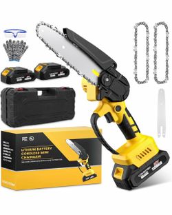 6" Mini Chainsaw Cordless with 2 lithium Batteries , Yellow Hand Held Cordless Electric Chain Saw for Tree/Wood Trimming Tool, Gift for boyfriend, fat