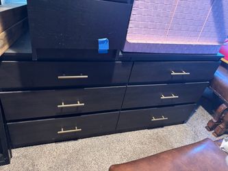 Black 6-Drawer Double Dresser with Gold Handles