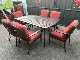 Metal Rectangle 66” Patio Table & 6 Metal Patio Chairs w/ Cushions