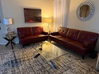 Red Leather Tufted Sofa and Loveseat Set