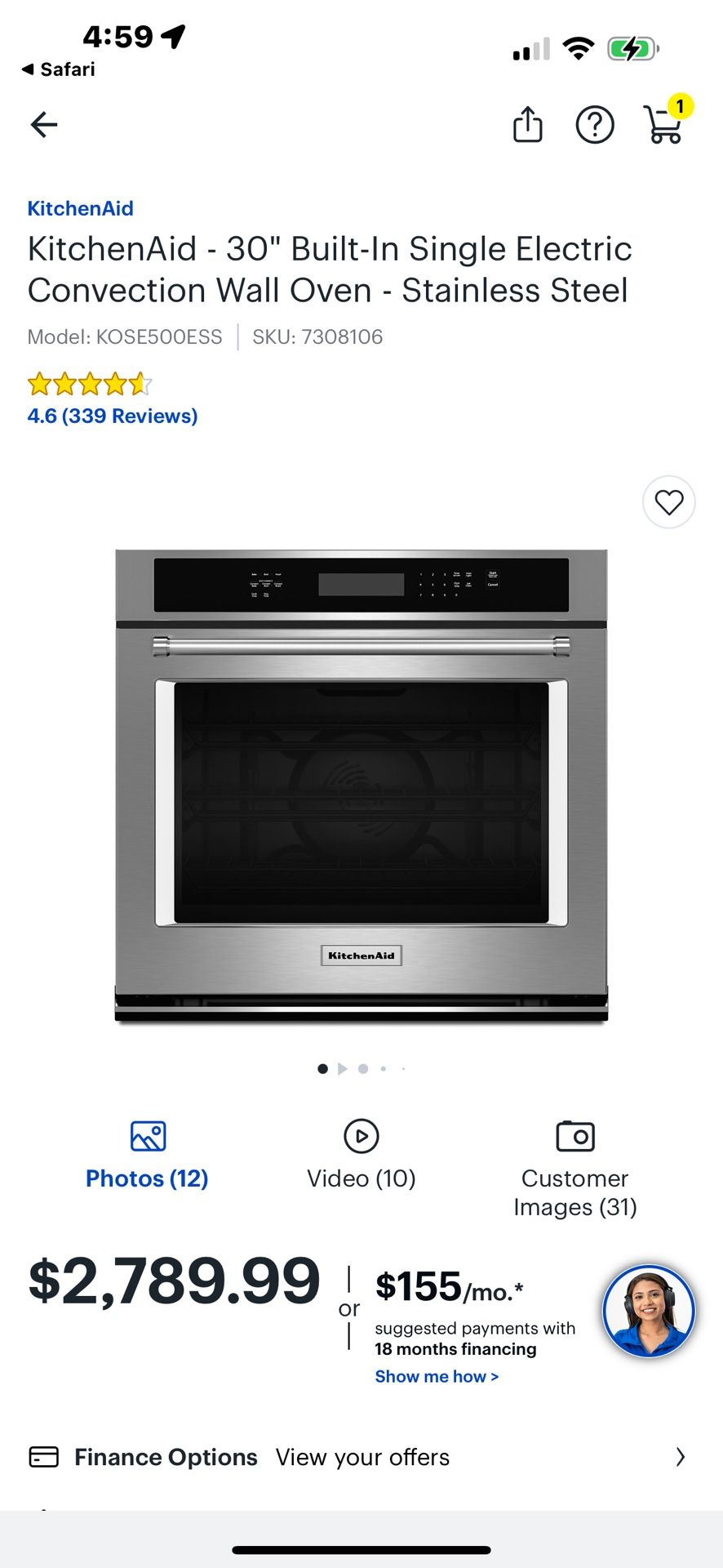 NEW KITCHEN AID 30”ELECTRIC CONVECTION SINGLE WALL OVEN WITH FACTORY WARRANTY 8/10/24