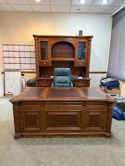 Large Executive Wood Desk with Hutch and Filing Cabinet