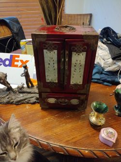 Antique Chinese Jewelry Box With Carved Jade Inlays