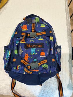 Preschool kids pottery barn kids backpack-is monogrammed w name Marcus.