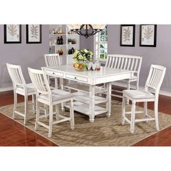 FARMHOUSE INSPO ANTIQUE WHITE 6 PIECE COUNTER HEIGHT DINING TABLE SET STOOL DRAWER BENCH STORAGE BASE - MESA ALTA