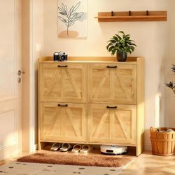 Shoe cabinet with 4 drawers, separate shoe boxes, hidden shoe rack, wooden legs design (light oak)