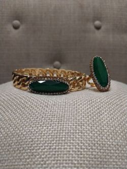 Turkish ring and bracelet set. Gold Plated. Large Green Stone Cocktail Ring and bracelet