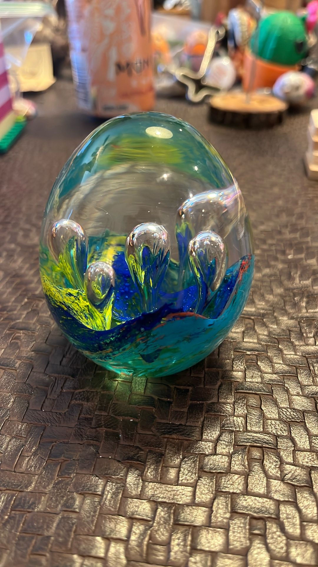 Paperweight Art Glass Controlled Bubble Egg Studio Green Blue Ocean Floor