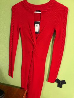Red Ribbed Knit Long Sleeve Midi Dress XS