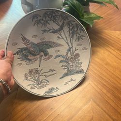 Vtg WBI Ceramic Hand Painted Plate Bamboo Birds & Flowers 10 1/2"d