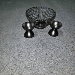 Black Wire Fruit Bowl and Candle Holder Set
