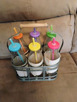 Metal Caddy & 6 glass drink bottles