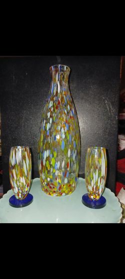 Art Nouveau Glass Decantor set: 2- shot glasses and 1 Decantor