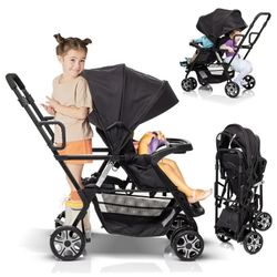 upright double lightweight travel stroller, with standing platform，Canopy，Tray Table