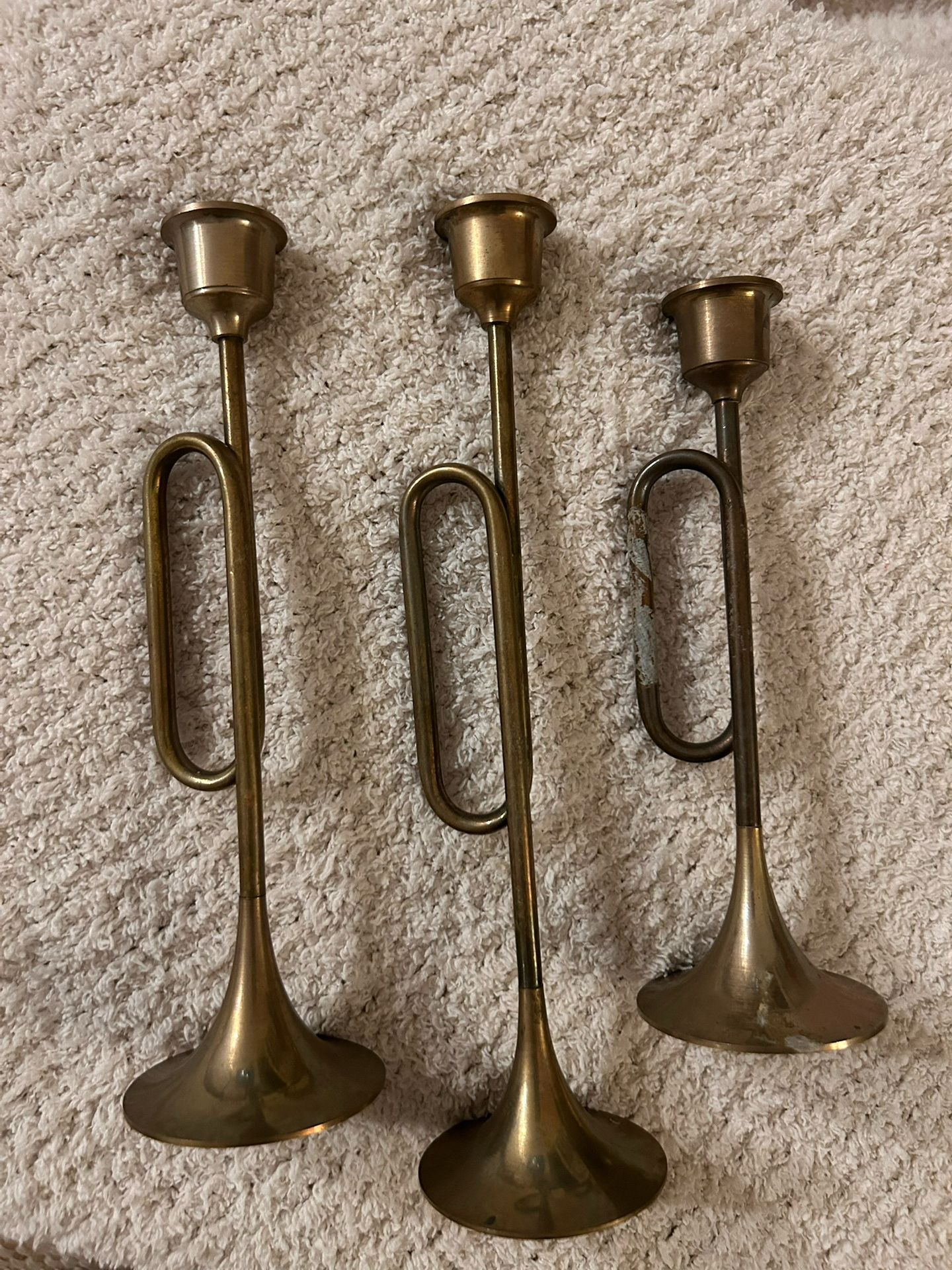 Set of 3 Brass Trumpet Candlesticks