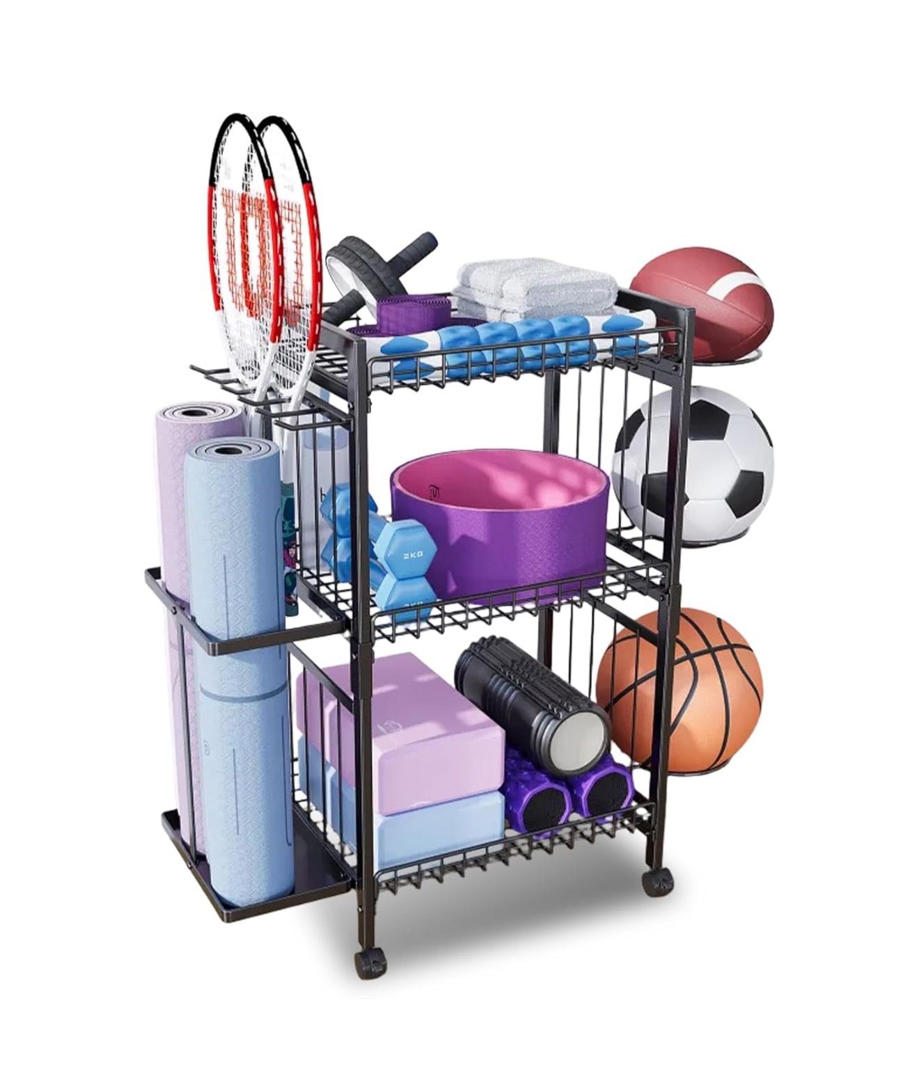 Yoga Mat Storage Rack & Holder, Workout Storage, Gym Equipment Storage Cart with Wheels & Hooks for Home Exercise & Fitness Gear Father’s Day Gift