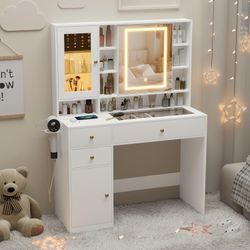 New Wodeer Makeup Vanity Desk with Mirror and Lights, White Vanity with Glass Top, Jewelry Storage, Power Outlets, 3 Drawers & 2 Cabinets, Adjustable 