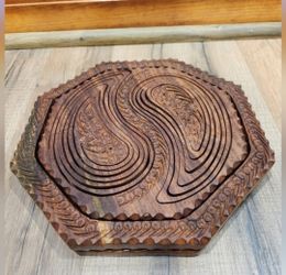 Carved Vintage Wooden Collapsible Basket serving Tray, Two Sections