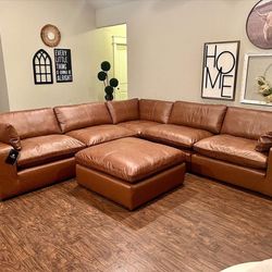 Camel Brown Leather Cloud Sectional