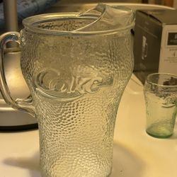 Vintage Green Glass Embossed Coca Cola Beverage Pitcher Coke Collectible
