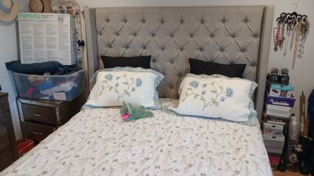 Cal King Bed Frame with mattress & mirrored Dresser 