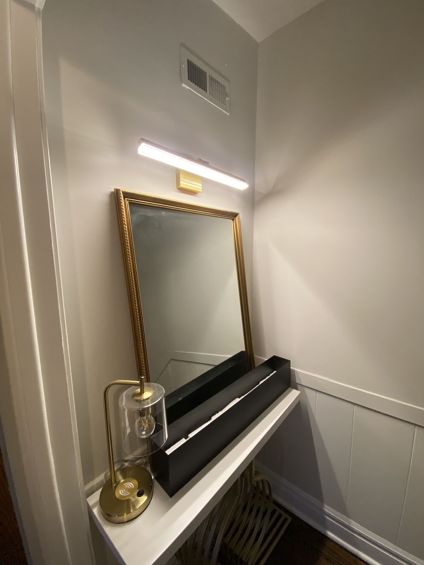 Vintage Mirror , Gold Charging Lamp , Black Metal Retangular Planter