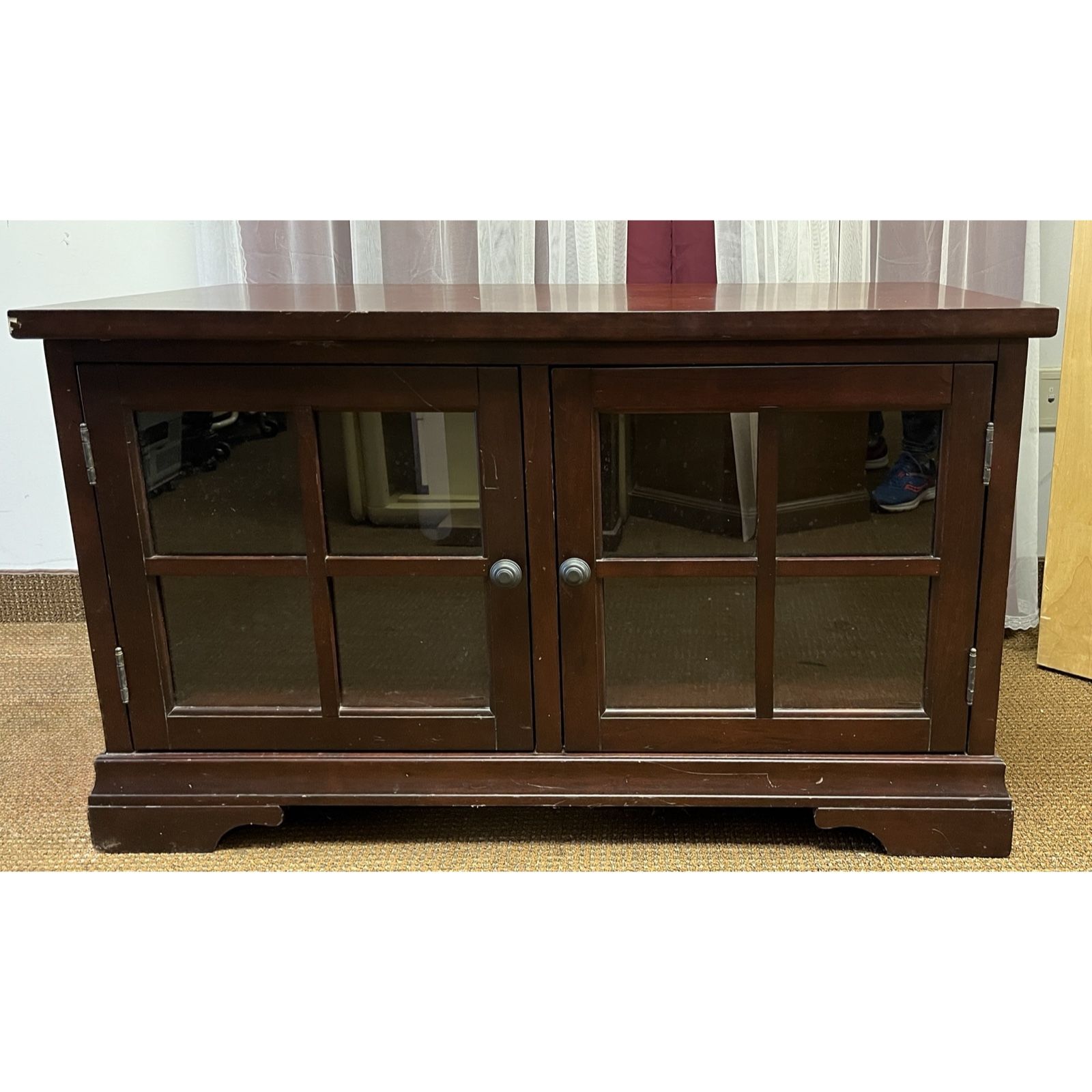 Console TV cabinet, glass paned doors. TV stand. Media entertainment center. Adjustable shelves