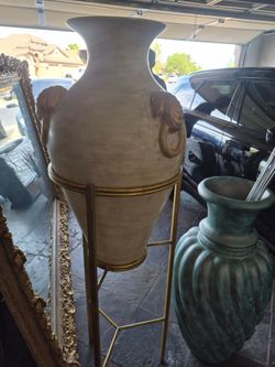 Large Ceramic Urn Vase with Gold Metal Stand