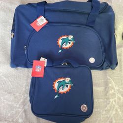 Set of 2 Miami Dolphins travel duffle Tote Bag with square insulated lunch bag, both have 2 handles and 2 zippers. Dark blue with the 1 Logos 