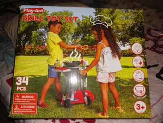 NEW IN BOX KIDS BBQ GRILL SET COMES FOODS POTS PANS ETC 12 FIRM