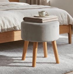Round Velvet Ottoman Stool with Wood Legs