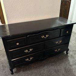Vintage-Inspired Black Dresser with Ornate Brass Hardware