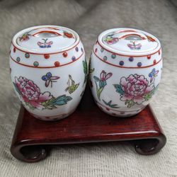 Set Of 2 Vtg Miniature Porcelain Ginger Jars Spice Jars