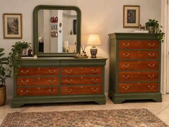 Green and Wood Dresser Set with Mirror