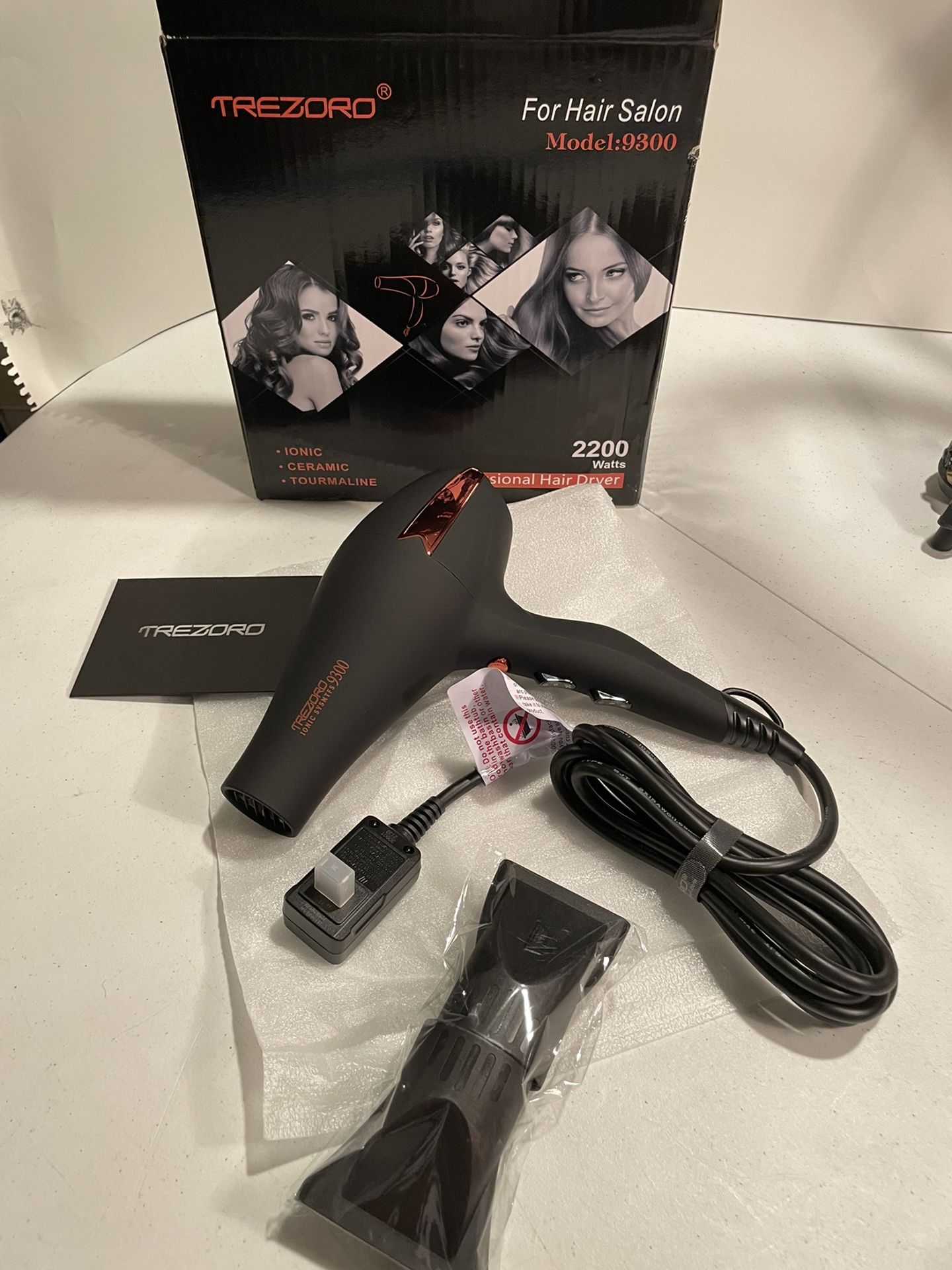 NEW TREZORO Ionic Salon Hair Dryer - Professional Blow Dryer w/Diffuser & Comb - Lightweight Travel Hairdryer for Normal & Curly Hair; 6 Modes