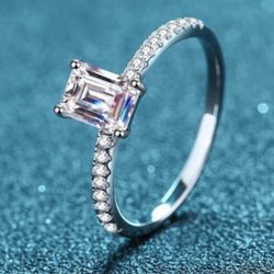 925 Sterling Silver Moissanite Emerald Cut Band Ring Size 6 
