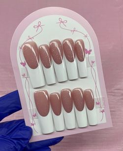Extra long square Press on nails white French tips glitter