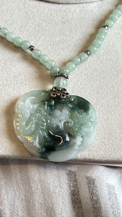 Vintage Jade Necklace With Sterling Silver Beads, The Pendant Is Engraved With Dragon And Other Creatures