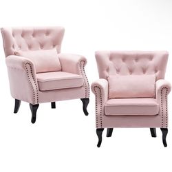  Mid-Century Modern Accent Chairs Set of 2, Comfy Tufted Single Sofa Chair Wingback Armchair with Pillow for Club, Living Room, Bedroom - Velvet, Pink