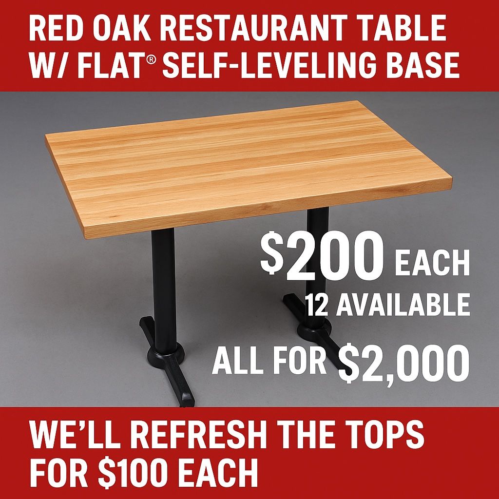 Red Oak Restaurant Tables w/ Self-Leveling Bases – $200 Each or All 12 for $2,000