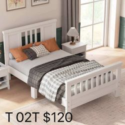 Twin Bed with Headboard, Solid Wood Platform Bed for Teens Adults, Twin Size Bed Frame with Wood Slats Support,(02T)