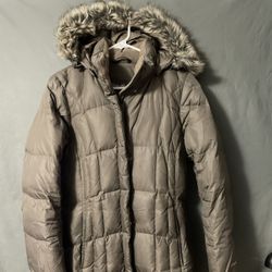 Eddie Bauer Women Sz Small Taupe Brown Down Puffer Parka Long Quilted Coat Hood