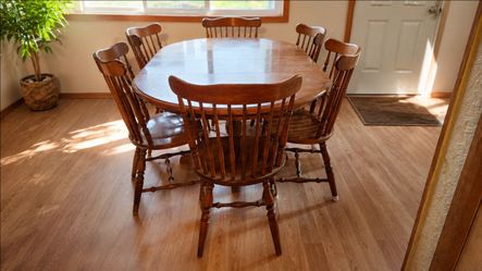 Vintage Ethan Allen "Antiqued Pine" Dining Set - Table + 6 Chairs + 2 Leaves