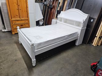 White Full Wood Bed Frame with Bookcase Headboard